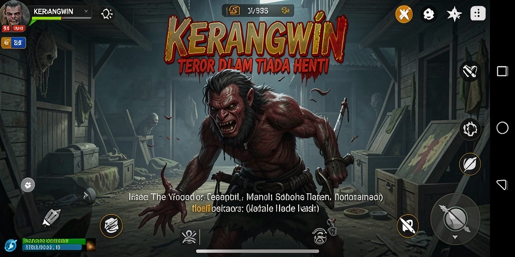 Tampilan gameplay menakutkan dalam KERANGWIN dengan suasana kelam.